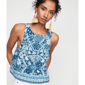 Free People “Bare It All” Tank Top – Size Small – Blue Floral – Linen/Cotton